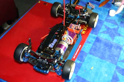 Charlie Suangka's Brushless-winning Tamiya Evolution III, with Tamiya's new blue anodized option parts. (Click to enlarge)