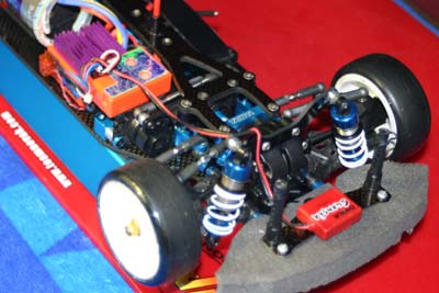 Charlie Suangka's Brushless-winning Tamiya Evolution III, with Tamiya's new blue anodized option parts. (Click to enlarge)
