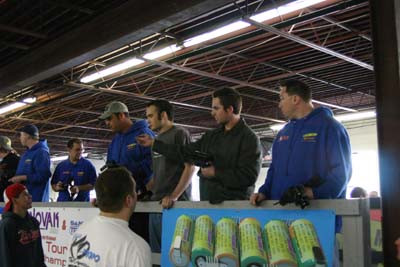 Modified A-Main drivers on the stand, from left-to-right: Walter Henderson, Eric Desrosiers, Barry Baker, Andrew Cartwright, Chris Tosolini and Mike Blackstock. (Click to enlarge)