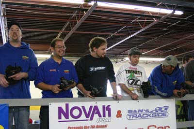 Joking around before a race are Walter Henderson, Eric Desrosiers, Josh Cyrul, Brian Kinwald, and, ever the class clown, Barry Baker. (Click to enlarge)