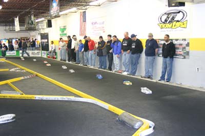 The Stock Foam A-Main starting grid, with TQ Bobby Flack, followed by Brad Johnson and Kevin Mitchell. (Click to enlarge)